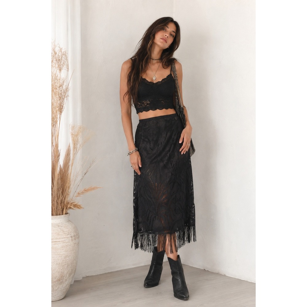 Boho Whimsigoth Feminine Black Lace Fringe Floral Open Knit Overlay S Midi Skirt